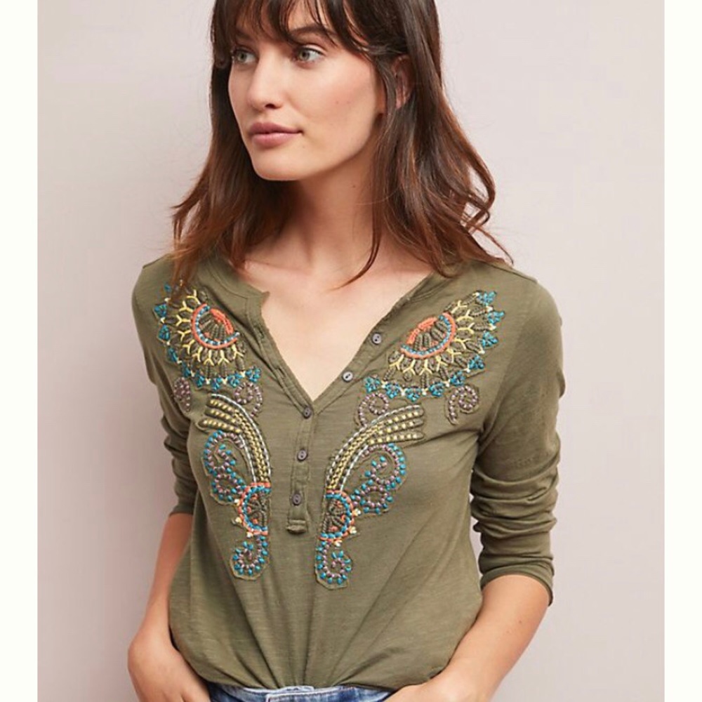 Akemi + Kin Embroidered Long Sleeve Henley T shirt - Picture 1 of 8